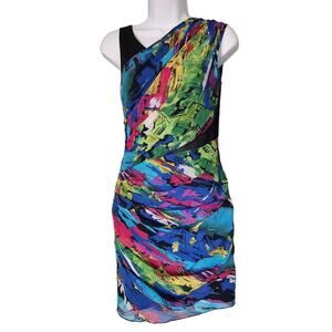 Factory By Erik Hart Sheath Dress Sz 2 Bright Multicolored Asymetrical Ruched